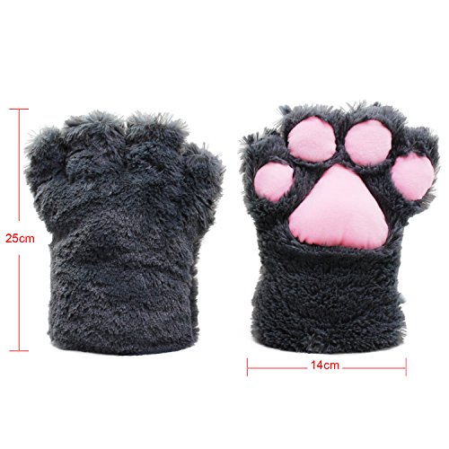 KEESIN Conjunto de Cosplay de Gato Guantes de Garra de Felpa Orejas de Gatito de Gato Collar de Cola Patas Disfraz de Fiesta Adorable Lindo para niños y Adultos (Gris)