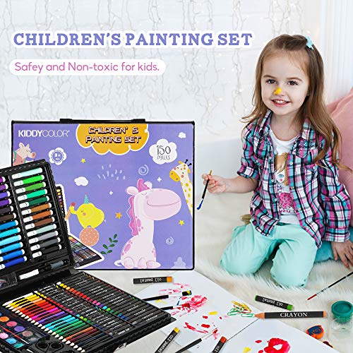 KIDDYCOLOR Conjunto Arte Deluxe en Maletín, para Niños Set Material Escolar , Incluye lápices de Colores, Pasteles de óleo, Acuarelas, Pinceles para Pintar (150 Piezas)