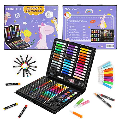 KIDDYCOLOR Conjunto Arte Deluxe en Maletín, para Niños Set Material Escolar , Incluye lápices de Colores, Pasteles de óleo, Acuarelas, Pinceles para Pintar (150 Piezas)