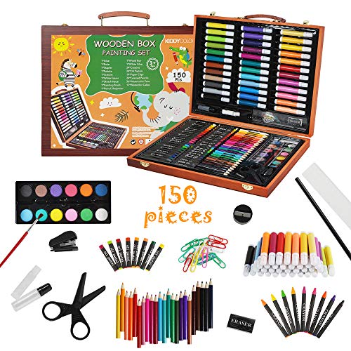 Kiddycolor - Juego de arte de 150 elementos con lápices de colores, pasteles al óleo y pinceles para principiantes, estudiantes o niños