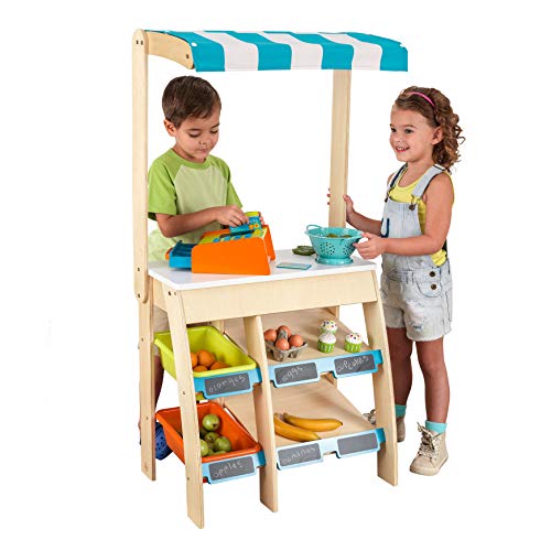 KidKraft 53017 Puesto de mercado con comestibles Play Grocery Store Marketplace de madera, juego de imitación para niños con accesorios incluidos