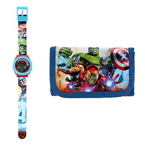 Kids Licensing |Reloj Digital + Billetera para Niños | Reloj Avengers | Billetera Avengers | Set Reloj y Billetera Infantil | Reloj de Pulsera Infantil | Caja Decorada para Regalo| Licencia Oficial