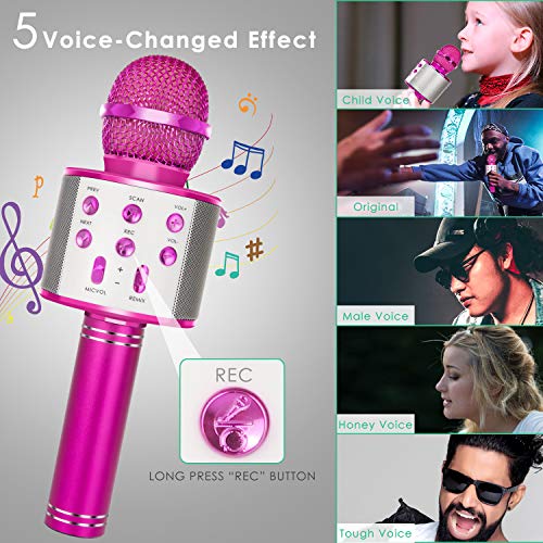 KIDWILL Micrófono de Karaoke Inalámbrico con Bluetooth para Niños y Adultos, 5 en 1 Micrófono de Karaoke de Mano con Luces LED, Micrófono Portátil para Fiesta de Cumpleaños KTV Navidad (Rosa)