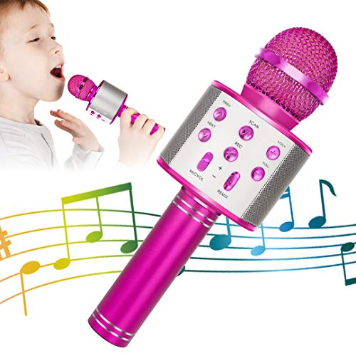 KIDWILL Micrófono de Karaoke Inalámbrico con Bluetooth para Niños y Adultos, 5 en 1 Micrófono de Karaoke de Mano con Luces LED, Micrófono Portátil para Fiesta de Cumpleaños KTV Navidad (Rosa)