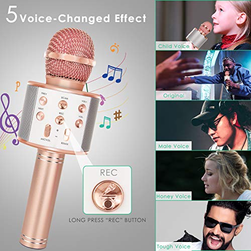 KIDWILL Micrófono de Karaoke Inalámbrico con Bluetooth para Niños y Adultos 5 en 1 Micrófono de Karaoke de Mano con Luces LED, Micrófono Portátil para Fiesta de Cumpleaños KTV Navidad (Oro Rosa)