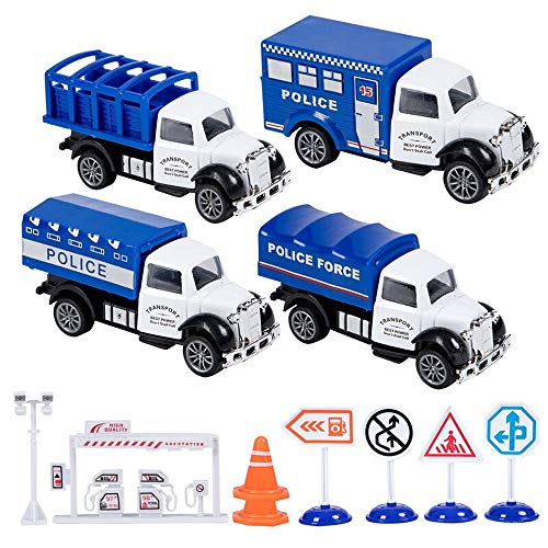 Kikioo Alloy Police Die Cast Cars Set Mini Pocket Size Models Play Vehículos Juguete para niños Niños Party Favors Cake Decorations Topper Regalo de cumpleaños, 4 pzas Set para niños niñas de edad 3 4