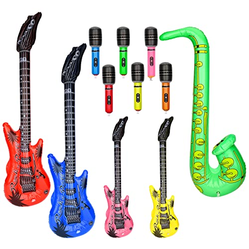 KINBOM 11piezas Inflable Instrumentos, Impermeable PVC, Guitarra Hinchable Micrófonos Saxofón para Niños Adorno Karaoke Fiesta Temática Festival Juego de Roles Cosplay