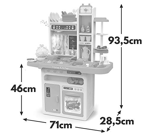 Kinderplay Cocina Juguete, Cocina para Niños - Luz, Agua Vapor, con Sonido, cocinitas de Juguetes, Altura 93.5 cm, Desde el Suelo hasta el Tablero de la Mesa 46 cm. 65 Accesorios incluidos, KP9295