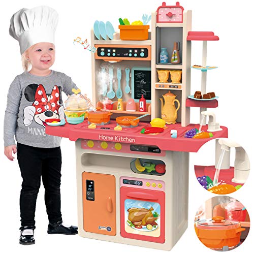 Kinderplay Cocina Juguete, Cocina para Niños - Luz, Agua Vapor, con Sonido, cocinitas de Juguetes, Altura 93.5 cm, Desde el Suelo hasta el Tablero de la Mesa 46 cm. 65 Accesorios incluidos, KP9295