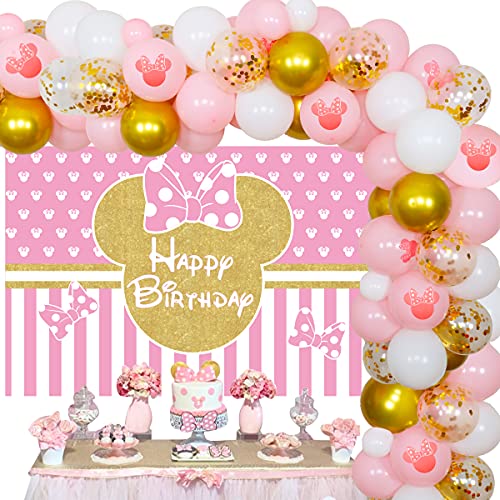 Kit Arco de Guirnalda Globos con Temática de Minnie Mouse, Rosa Dorado Manteles de Minnie para Decoraciones Fiesta de Cumpleaños de Niñas