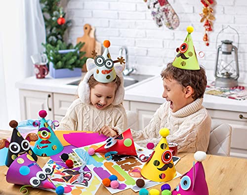 Kit de actividades para hacer gorros de fiesta – Bricolaje de manualidades con 12 sombreros coloridos, pompones y pegatinas. Kit de celebración divertido para niños y niñas, cumpleaños y Navidad