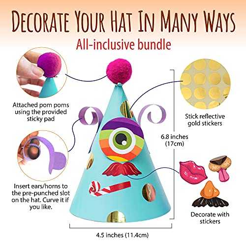 Kit de actividades para hacer gorros de fiesta – Bricolaje de manualidades con 12 sombreros coloridos, pompones y pegatinas. Kit de celebración divertido para niños y niñas, cumpleaños y Navidad