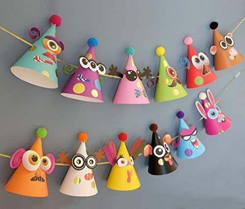 Kit de actividades para hacer gorros de fiesta – Bricolaje de manualidades con 12 sombreros coloridos, pompones y pegatinas. Kit de celebración divertido para niños y niñas, cumpleaños y Navidad