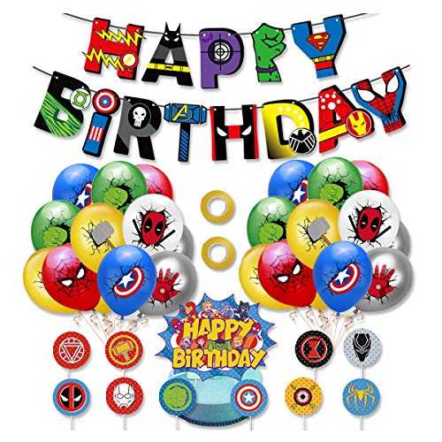 Kit de Decoracion Cumpleaños Superheroes Globos de Superheroes Feliz Cumpleaños del Pancarta Superhéroes Cake Toppers Fiesta Temáticos Superhéroe Suministros