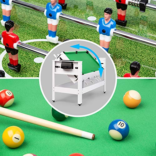 Klarfit Spin - 2 en 1 Mesa Multijuegos adultos y niños con billar y futbolin, mesa de 105 x 58 cm, revestimiento en verde, mesa futbolín multijuegos, con Accesorios de juego, mesa giratoria, Blanco