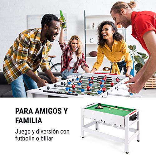 Klarfit Spin - 2 en 1 Mesa Multijuegos adultos y niños con billar y futbolin, mesa de 105 x 58 cm, revestimiento en verde, mesa futbolín multijuegos, con Accesorios de juego, mesa giratoria, Blanco