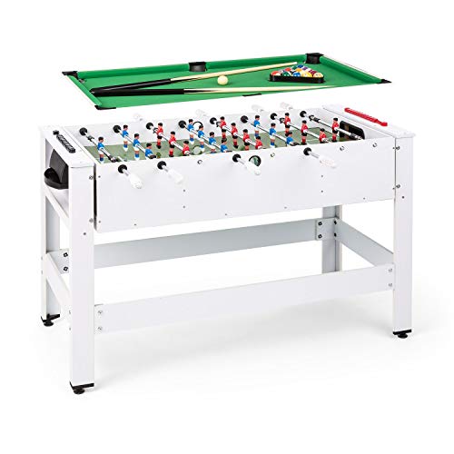 Klarfit Spin - 2 en 1 Mesa Multijuegos adultos y niños con billar y futbolin, mesa de 105 x 58 cm, revestimiento en verde, mesa futbolín multijuegos, con Accesorios de juego, mesa giratoria, Blanco