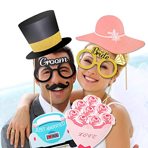 Konsait 52pcs Boda Photo Booth Props, Photo Booth Atrezzo Favorecer Cabina de Fotos Accesorios Photocall Incluyendo Rosa corazón Gafas máscara etc para Boda Decoración de Fiesta