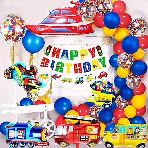 Korins Decoraciones para Fiesta de Cumpleaños para Niños Tema de Tráfico Banner de Cumpleaños Avión Tren Coche de Policía Autobús Látex Confeti Globos de Cumpleaños