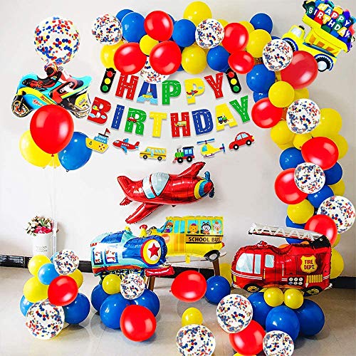 Korins Decoraciones para Fiesta de Cumpleaños para Niños Tema de Tráfico Banner de Cumpleaños Avión Tren Coche de Policía Autobús Látex Confeti Globos de Cumpleaños