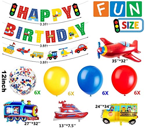 Korins Decoraciones para Fiesta de Cumpleaños para Niños Tema de Tráfico Banner de Cumpleaños Avión Tren Coche de Policía Autobús Látex Confeti Globos de Cumpleaños