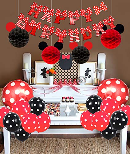 Kreatwow Artículos de Fiesta de Mickey y Minnie Diadema de Orejas Rojas y Negras Banner de Feliz cumpleaños Globos de Lunares para Decoraciones de Fiesta temáticas de Minnie