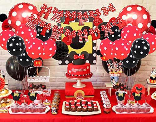 Kreatwow Artículos de Fiesta de Mickey y Minnie Diadema de Orejas Rojas y Negras Banner de Feliz cumpleaños Globos de Lunares para Decoraciones de Fiesta temáticas de Minnie