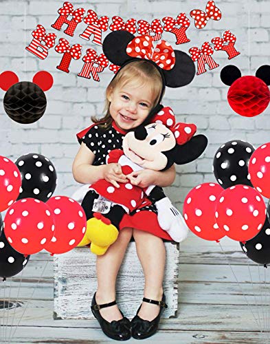 Kreatwow Artículos de Fiesta de Mickey y Minnie Diadema de Orejas Rojas y Negras Banner de Feliz cumpleaños Globos de Lunares para Decoraciones de Fiesta temáticas de Minnie