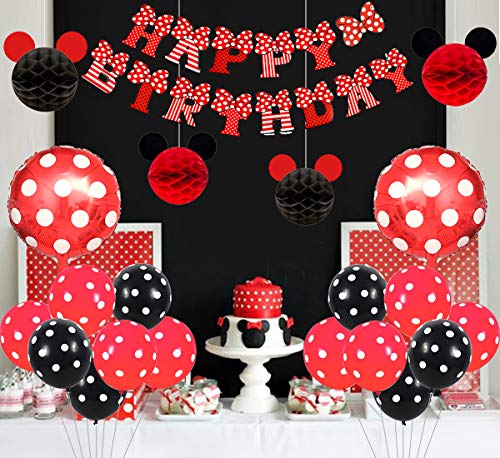 Kreatwow Artículos de Fiesta de Mickey y Minnie Diadema de Orejas Rojas y Negras Banner de Feliz cumpleaños Globos de Lunares para Decoraciones de Fiesta temáticas de Minnie