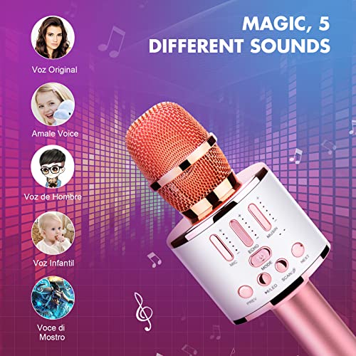 Kriogor Microfono Inalámbrico Karaoke, Micrófono Karaoke Bluetooth Portátil con Luces LED de Baile Compatible con Dispositivos Android e iOS para KTV en Casa/Fiestas/Canto de Niños (Oro Rosa)