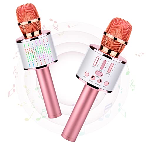 Kriogor Microfono Inalámbrico Karaoke, Micrófono Karaoke Bluetooth Portátil con Luces LED de Baile Compatible con Dispositivos Android e iOS para KTV en Casa/Fiestas/Canto de Niños (Oro Rosa)