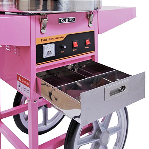 KUKOO Máquina de Algodón de Azúcar Acero Inoxidable Máquina Eléctrica para Hacer Algodón de Azúcar Cotton Candy Machine Commercial (con Cubierta y Carrito)