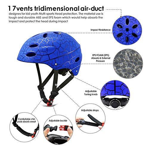 KUYOU Skate Helmet, Adjust Size Shell de ABS de Impacto múltiple para niños/Ciclismo Juvenil/Skateboarding/Skate Patinaje en línea/Patinaje en línea (Azul)