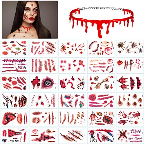 LANMOK Tatuajes Temporales de Halloween 30 piezas Tatuajes de Cicatrices Heridas con Collar de Sangre Pegatinas de Zombie Vampiro Accesorios de Maquillaje Fiesta de Horror Disfraz Cosplay