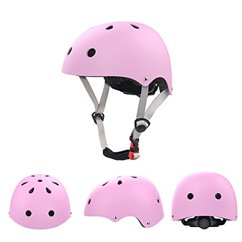 LANOVAGEAR Casco Infantil Set de Protección Casco 2-8 años Ajustable Rodilleras, Coderas y Muñequeras para Patinar Ciclismo Monopatín y Deportes Extremos (Rosado, S)