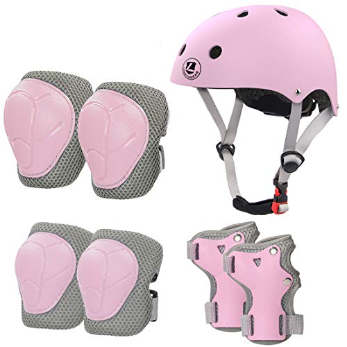 LANOVAGEAR Casco Infantil Set de Protección Casco 2-8 años Ajustable Rodilleras, Coderas y Muñequeras para Patinar Ciclismo Monopatín y Deportes Extremos (Rosado, S)