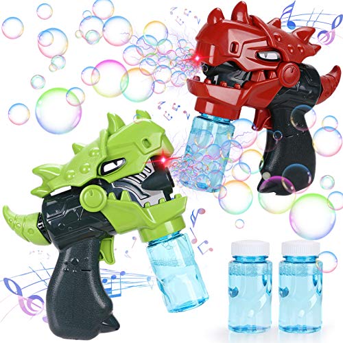 Latocos 2pcs Pistolas de Jabón Dinosaurio Pompas de Jabon Máquina de Burbujas con Música Automático Pistola de Burbujas Burbujas de Jabon Juguete Burbujas Verano al Aire Libre Juego para Niños