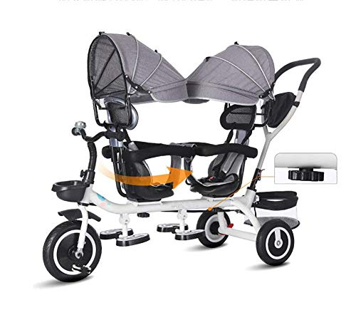 LBBGM Niños 4 en 1 Triciclo Triciclo de Gemelos, niños Push Cochecito para niños Bicicleta Doble de 3 Ruedas para niños Niñas Niños pequeños de 1 a 6 años (Color: Gris)