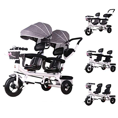 LBBGM Niños 4 en 1 Triciclo Triciclo de Gemelos, niños Push Cochecito para niños Bicicleta Doble de 3 Ruedas para niños Niñas Niños pequeños de 1 a 6 años (Color: Gris)