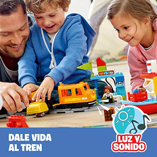 LEGO 10875 Duplo Town Tren de mercancías, Juguete de Construcción para Niños y Niñas +2 años con Grúas, Barco, 3 Figuras