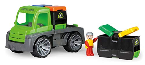 Lena Truxx 04453 - Camión de Basura reciclada (Aprox. 26 cm, con función, 2 Cubos de Basura Dobles y Figura de Juguete Lena de Movimiento Completo, para niños a Partir de 2 años), Color Verde