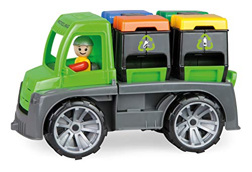 Lena Truxx 04453 - Camión de Basura reciclada (Aprox. 26 cm, con función, 2 Cubos de Basura Dobles y Figura de Juguete Lena de Movimiento Completo, para niños a Partir de 2 años), Color Verde