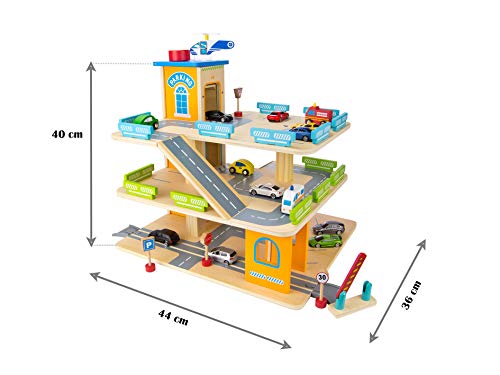 Leomark Aparcamiento De 3 Niveles Garaje De Juguete Madera La Pista De Descenso Helicóptero Parking + 9 coches de metal