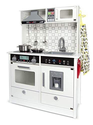 leomark White Modern Cocina eléctrica Madera Infantil con Accesorios: Campana Extractora, microondas - Color Blanco - Juguete para Niños Efectos de Sonido de iluminación Dim: 65x30x94 (Altura) cm