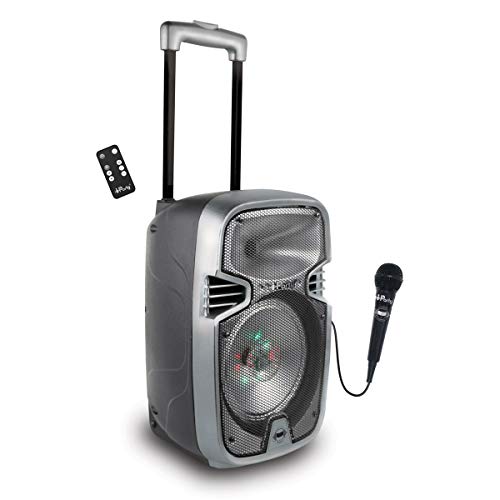 Lexibook Iparty - Altavoz Luminoso Bluetooth con Asa y Ruedas, Micrófono, Puertos USB, SD, TF, MMC y Aux-In, Entrada Instrumento, Mando a Distancia, Batería Recargable (Lexibook K8250), Gris