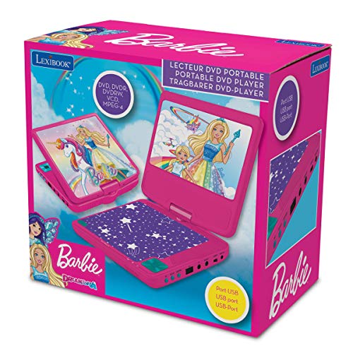 LEXIBOOK r Barbie, Mattel-Lector DVD Portátil 7" con Puerto USB, Control Parental, Mando, Auriculares, Adaptador Coche, batería Recargable DVDP6BB, Color Rosa