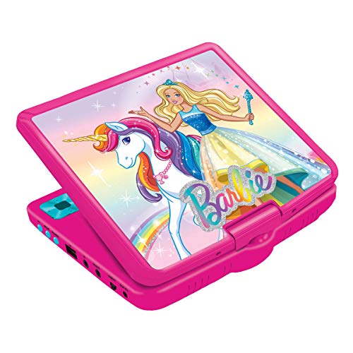 LEXIBOOK r Barbie, Mattel-Lector DVD Portátil 7" con Puerto USB, Control Parental, Mando, Auriculares, Adaptador Coche, batería Recargable DVDP6BB, Color Rosa