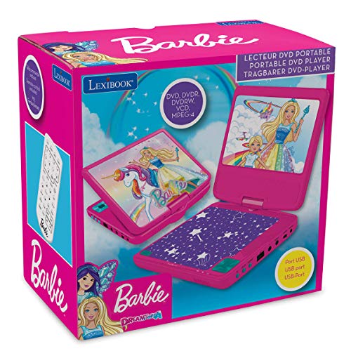 LEXIBOOK r Barbie, Mattel-Lector DVD Portátil 7" con Puerto USB, Control Parental, Mando, Auriculares, Adaptador Coche, batería Recargable DVDP6BB, Color Rosa