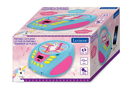 Lexibook Reproductor toma para micro (RCD108UNI) Lector de CD MP3 Unicornio Portátil para Niños, par Niña, Entrada para micrófono, AUX IN, puerto USB, AC o funciona con batería, Rosado, color azul