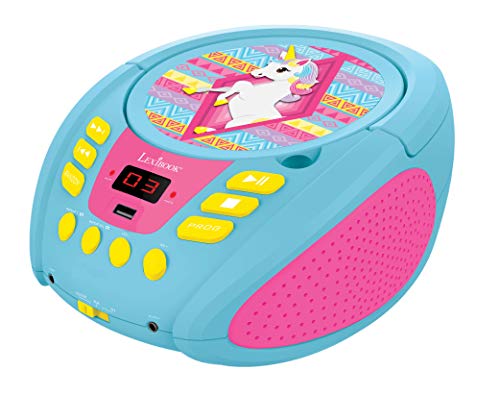 Lexibook Reproductor toma para micro (RCD108UNI) Lector de CD MP3 Unicornio Portátil para Niños, par Niña, Entrada para micrófono, AUX IN, puerto USB, AC o funciona con batería, Rosado, color azul